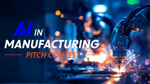 AI in Manufacturing Pitch Contest text with Robotic arm background